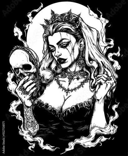 Gothic Hand-Drawn Illustration of a Mysterious Woman Holding a Skull