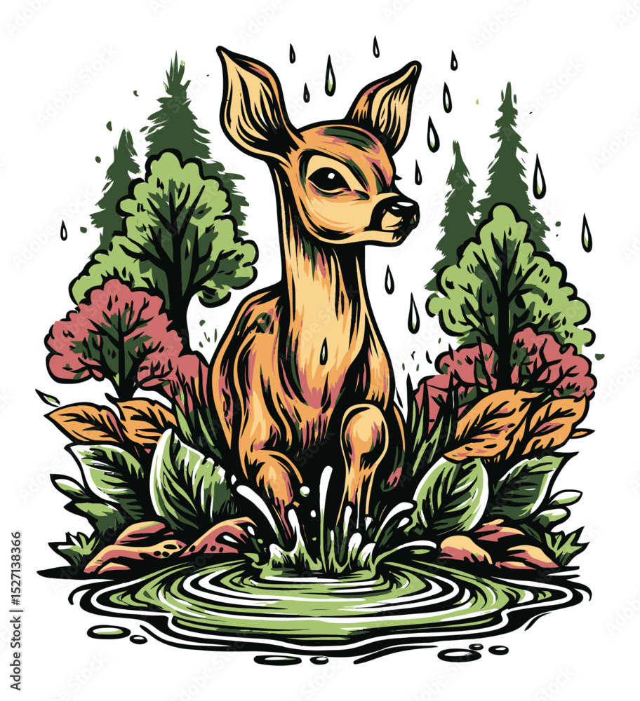 Fototapeta premium Vintage style deer illustration with vivid colors and nature elements