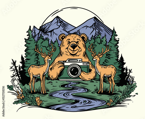 Charming Cartoon Adventure Illustration Featuring Bear and Deer in Nature