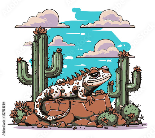 Colorful Chameleon on Rocks Among Cacti in Playful Vector Illustration