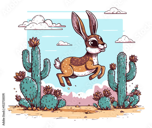 Playful Rabbit Leaping Through Cacti in Colorful Desert Landscape
