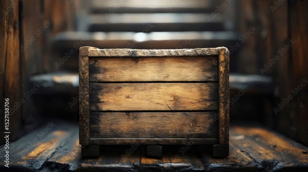 Obraz premium A rustic wooden crate showcases texture and age against a blurred wooden backdrop.
