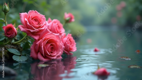 Pink Roses on Water Surface: Floral Reflection, Nature's Delicate Beauty