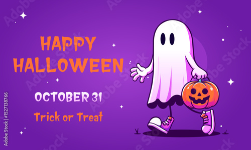 Happy Halloween party greeting card with cute ghost. Spooky banner template. Halloween Promotion Poster. Halloween night seen. Pumpkin, cute ghost. Ghost holding pumpkin. Vector illustration