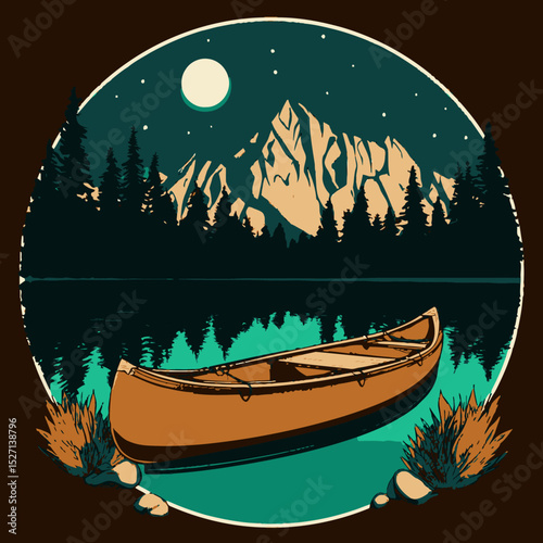 Serene Canoe at Night with Mountain Reflection in Calm Lake Illustration