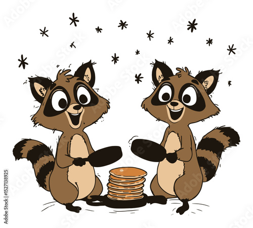 Cheerful Raccoons Cooking Pancakes in a Vector Art Illustration