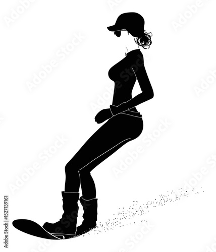 Silhouette of a Woman Snowboarding in Athletic Wear and Accessories