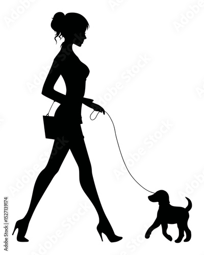 Elegant Woman Walking Dog Silhouette in Artistic Black and White Style
