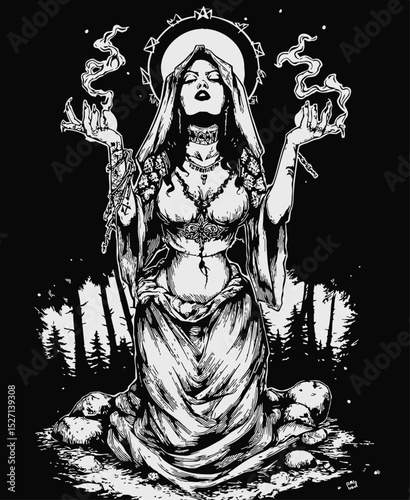 Detailed Gothic Illustration of a Hand-Drawn Ethereal Figure with Symbolism