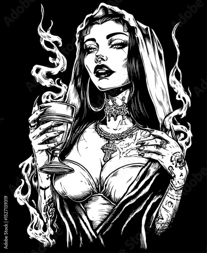 Striking Gothic Illustration of a Mysterious Woman with Drink and Flames