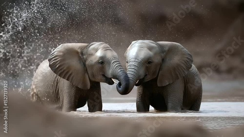 Playful elephants in muddy watering hole interact with each other