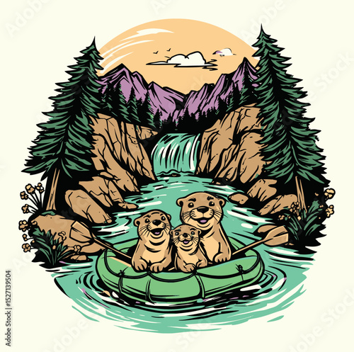 Three Playful Bears in a Raft on a Scenic River Adventure Cartoon Illustration