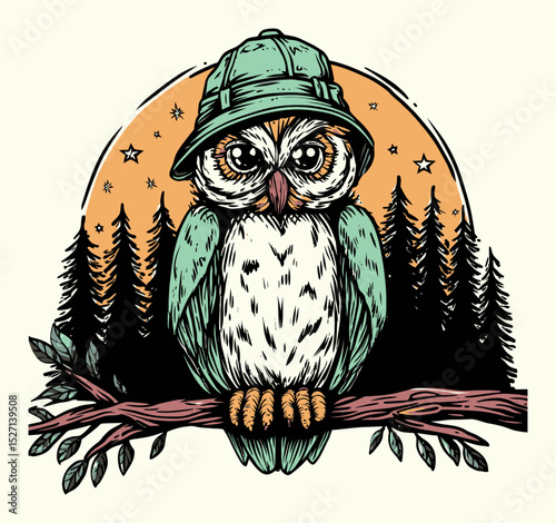 Whimsical Cartoon Owl in a Soldier Hat Surrounded by Starry Forest Landscape