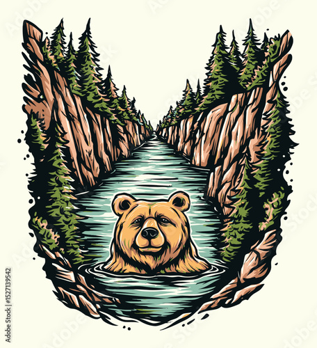Bear Emerging from Water in Nature Scene with Mountains and Trees Illustration