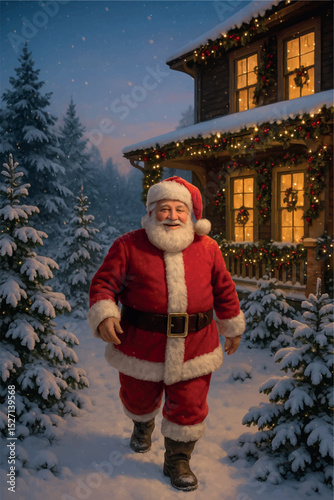 Jolly figure walking in snowy winter wonderland during holidays | for greeting card, cover or poster
