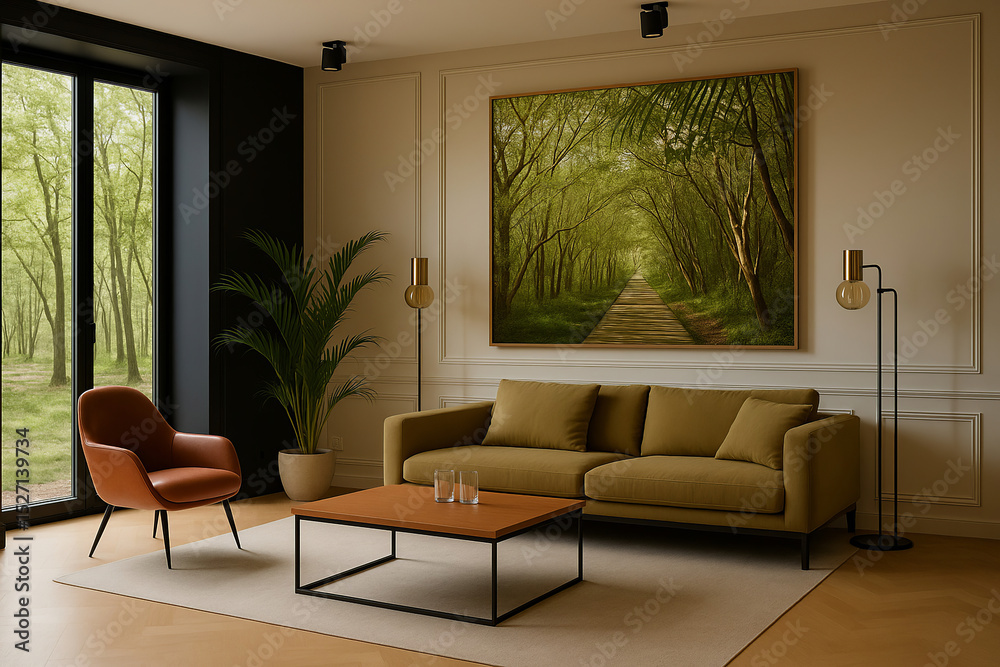 Fototapeta premium Modern and elegant living room with views of nature. Earthy sofa and botanical art create a cozy atmosphere.