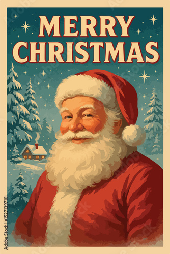 Vintage Christmas card with jolly man and snow covered scene. | for greeting card, cover or poster
