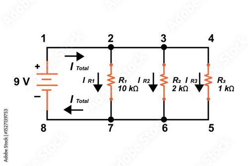 Series and parallel electrical circuits. Parallel circuit, Series circuit, basic electric circuits experiment vector. Kirchhoff voltage law. series and parallel circuits with Batter and light bulb