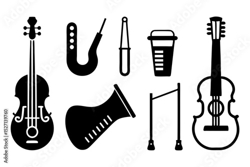 Collection of musical instruments and objects