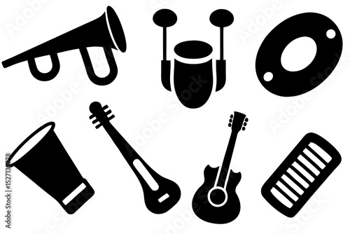 Collection of black silhouettes of musical instruments
