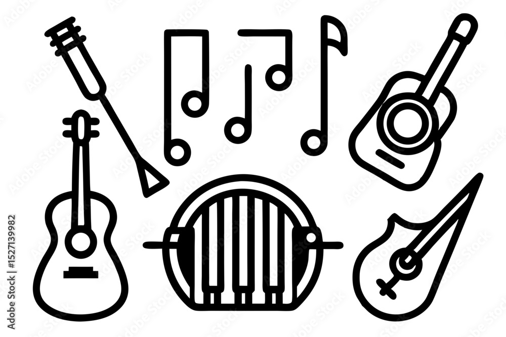 Obraz premium Musical instruments and notes line art collection
