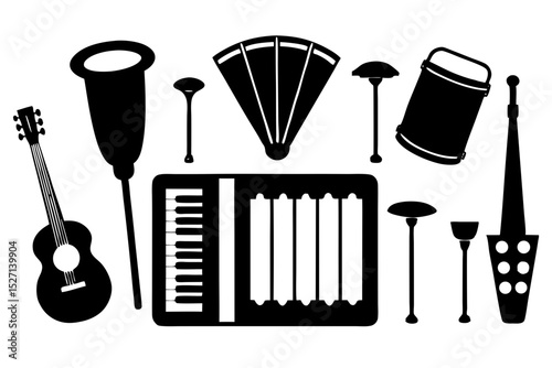 Collection of musical instruments and percussion objects