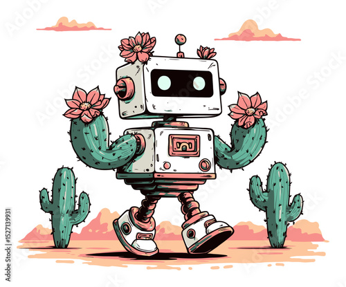 Whimsical Robot with Cactus and Flowers in Vibrant Desert Landscape