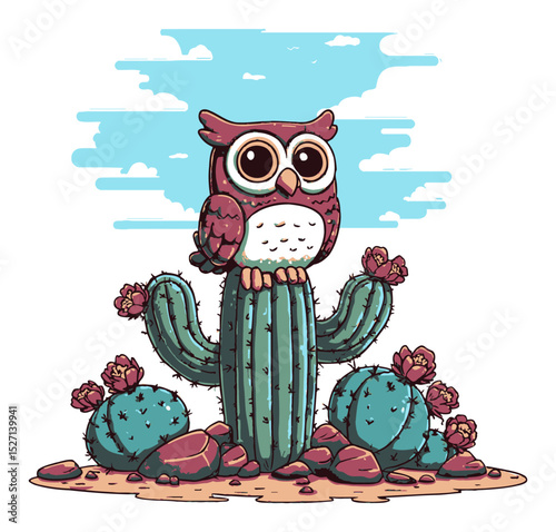 Colorful Owl Sitting on Cactus With Flowers and Blue Sky Background