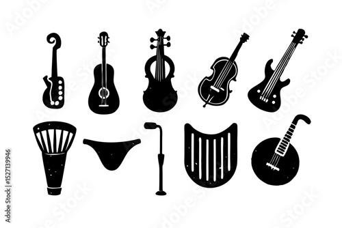 Collection of black silhouette musical instruments