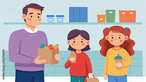 A father and his two young daughters stand in line at a food distribution center clutching empty bags in their hands as volunteers fill them with cans of soup and boxes of cereal.. Vector illustration