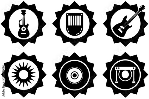 Six black and white starburst music icons