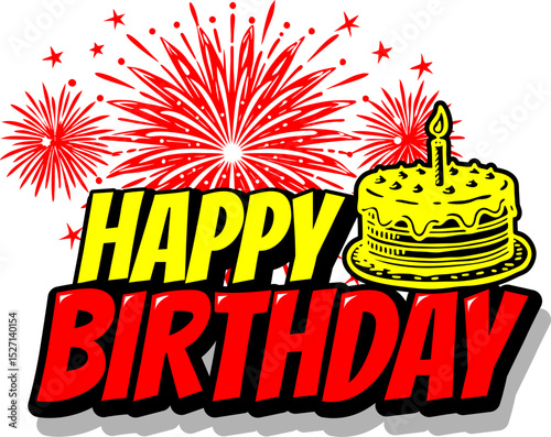 Happy Birthday. Beautiful greeting card poster with calligraphy black text Word star fireworks. Hand drawn, design elements. 