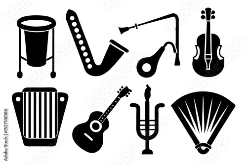 Collection of black and white musical instrument icons