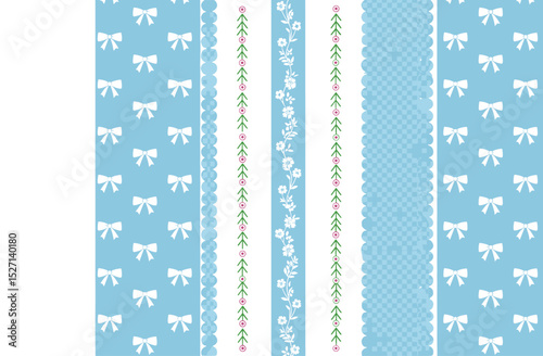 Soft blue striped grandmillennial seamless pattern. Retro gentle cottagecore floral vertical stripes, coquette bows.