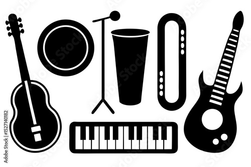 Collection of black silhouettes of musical instruments