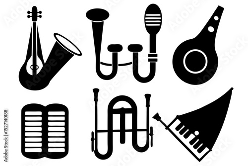 Collection of black and white musical instrument icons