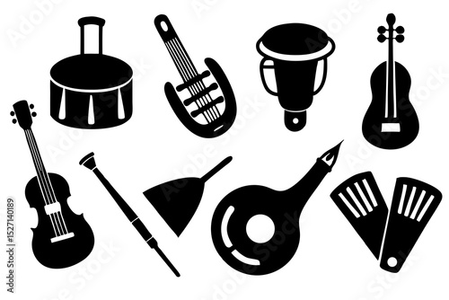 Collection of black silhouette musical instruments