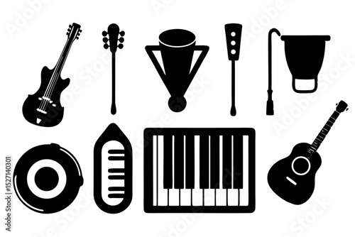 Collection of black silhouettes of musical instruments