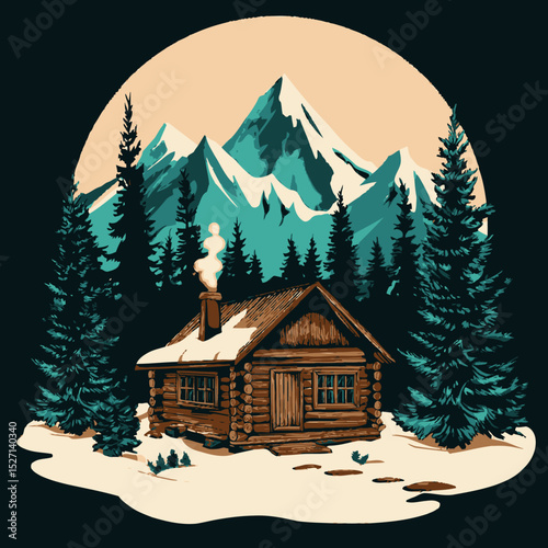 Cozy Cabin in Winter Landscape with Pine Trees and Snowy Mountains
