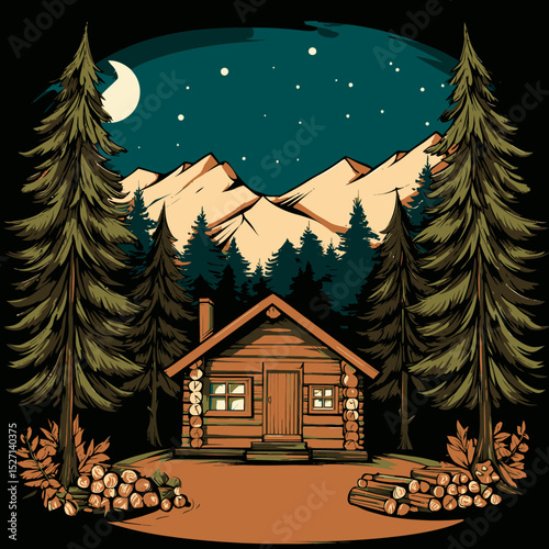 Cozy Cabin Illustration Surrounded by Tall Trees and Mountains at Night
