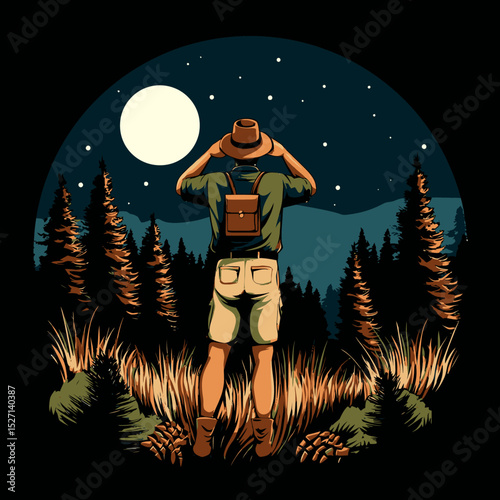 Outdoor Adventurer Observing Nature Under The Moonlight