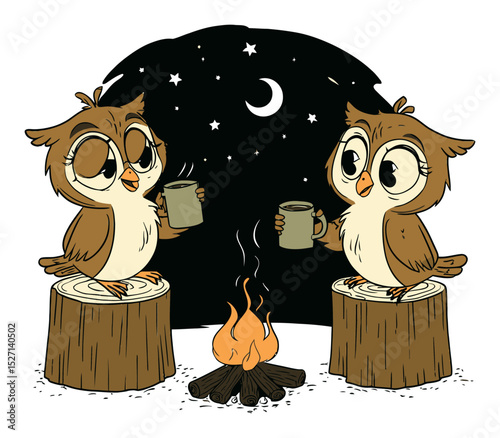 Whimsical Owls Enjoying Campfire Under Starry Night Sky Illustration