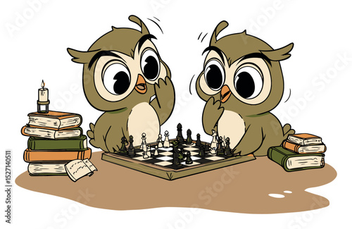 Playful Owls Engaged in Chess Game Surrounded by Books and Candles