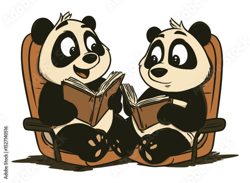 Cute Cartoon Pandas Reading Books Together in Cozy Chairs Illustration
