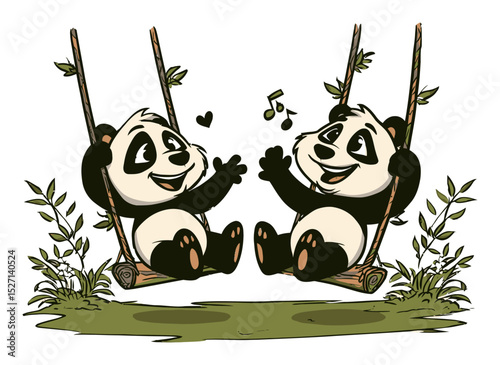 Playful Pandas on Swings Enjoying Music in Vector Art Illustration