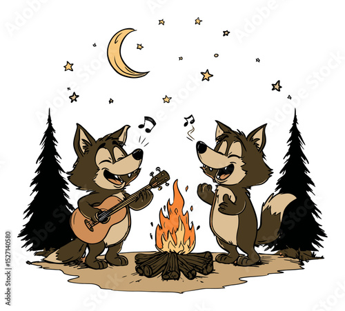 Whimsical Woodland Creatures Singing by Campfire Illustration
