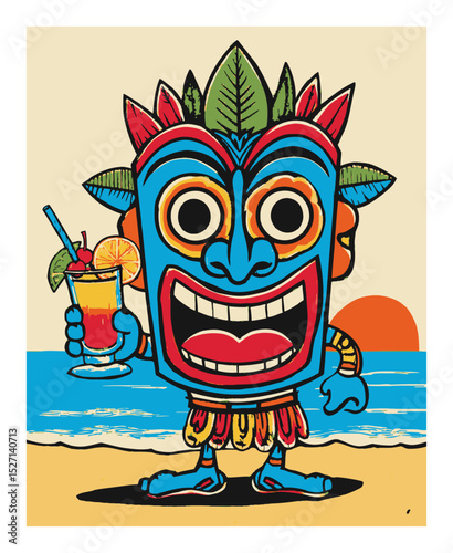 Vibrant Cartoon Character with Tropical Drink and Colorful Mask