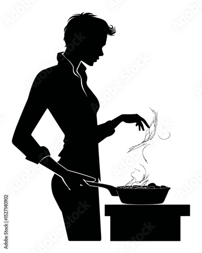 Hand Drawn Silhouette of a Woman Cooking in a Kitchen Scene