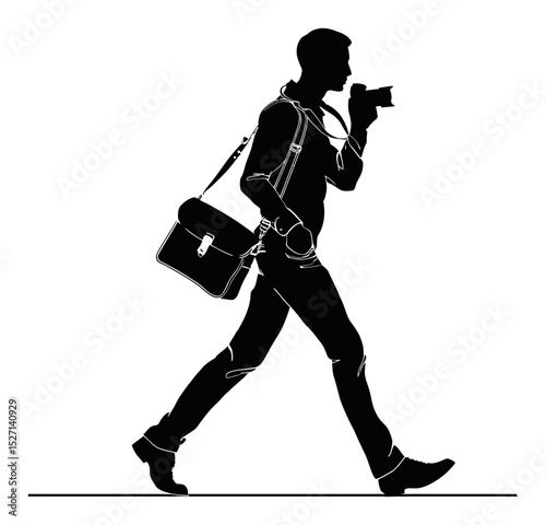 Hand Drawn Silhouette of a Person Walking with a Camera and Bag