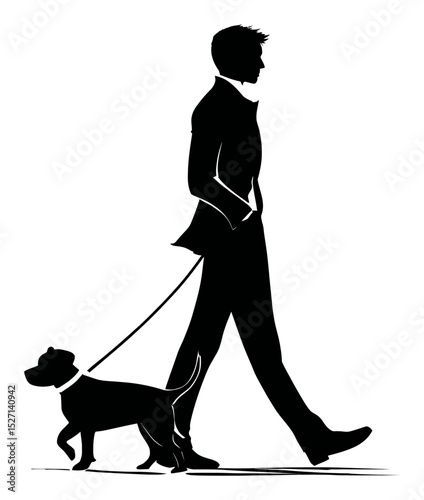 Elegant Silhouette of a Man Walking a Dog in Hand-Drawn Style